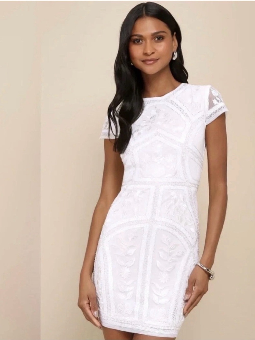 Lulus "Spread Your Shine" White Sequin Embroidered Bodycon Mini Dress Medium